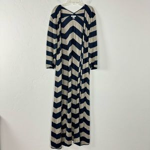 Garnet Hill Duster Cardigan Sweater Long Line Chevron Stripe Navy Tan Beige Knit